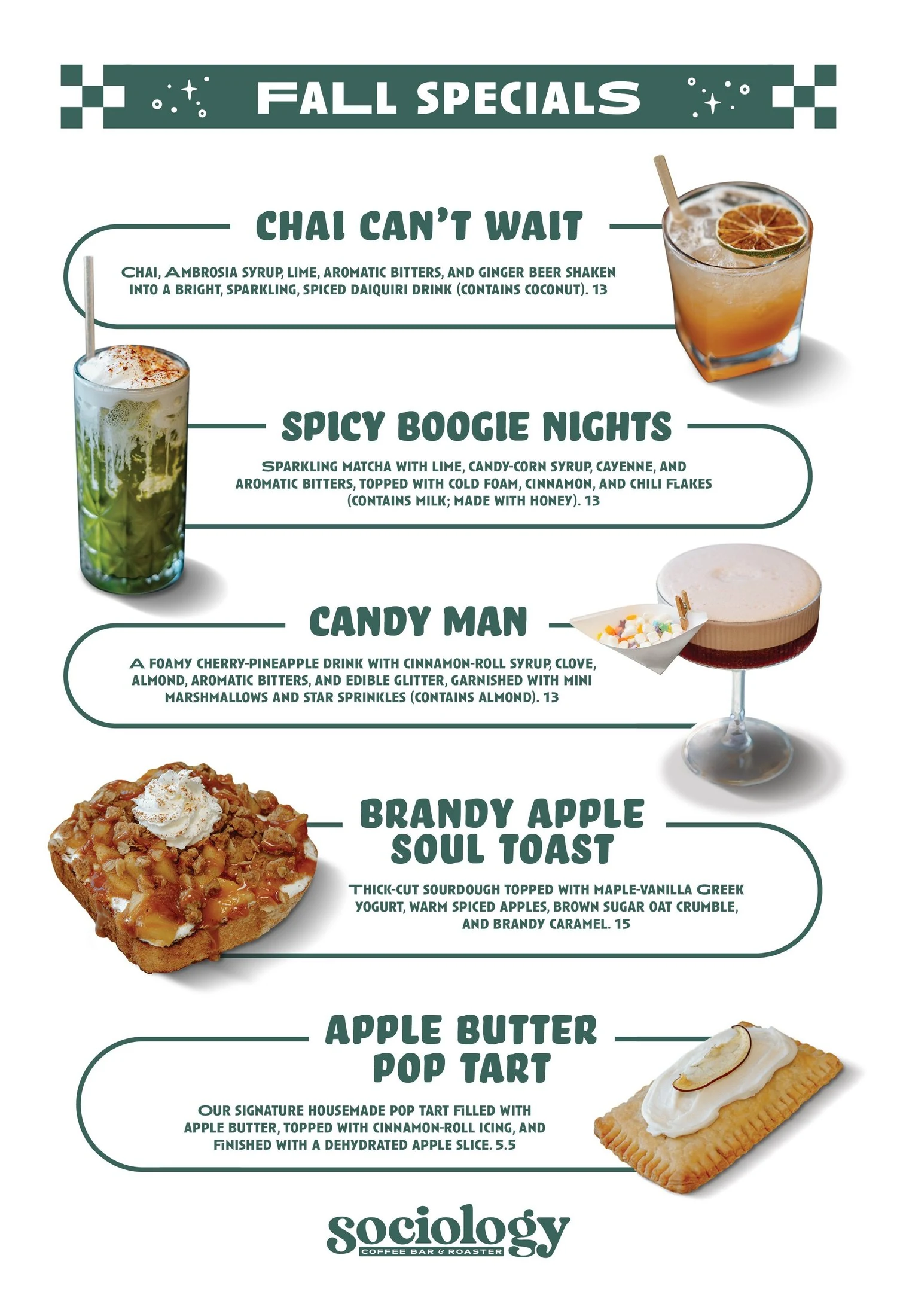 Sociology fall favorites menu. Choose Text menu for item descriptions and prices.